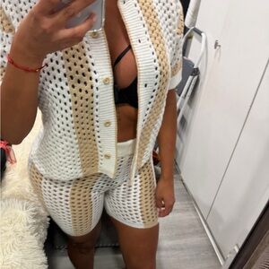 White and Tan Knit Two-Piece Set bathing suit cover